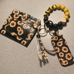 Black sunflowers beaded wristlet with accessories